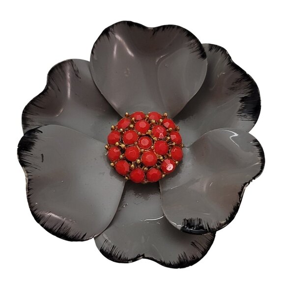 Vintage Scarlet Red Rhinestone And Gray Metal Flower Brooch Pin E650 - Picture 1 of 9
